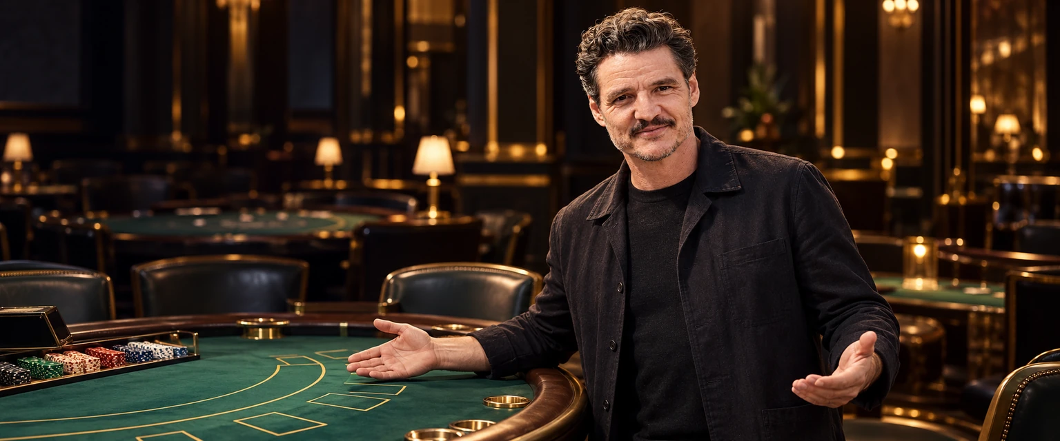 Pedro Pascal junto a una mesa de casino